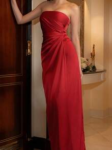 Onicee 女士优雅缎面无肩带圣诞红色连衣裙 - 紅色 - 查看 5