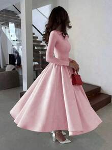 فستان طويل أنيق وعصري بأكمام طويلة وطيات، لون أحادي مناسب للشتاء للنساء، مناسب للمناسبات الرسمية والحفلات والمدرسة والمكتب والعطلات في فصلي الخريف والشتاء - وردي - مشاهدة 3