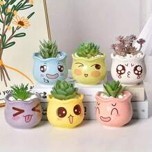 6pcs/Set Cartoon Cute Ceramic Flower Pots, Cute Succulent Plant Flower Pot With Drainage Hole Function, Suitable For Succulents And Cacti, Painted Surface Treatment, Home Office Desk Garden Gift, Very Suitable For Indoor And Outdoor Desktop Window Sill Landscape Design, Perfect Gift For Christmas, Birthday, Mother's Day - Multicolor - View 5