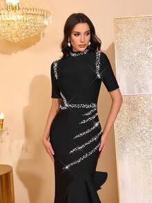 全新优雅水钻装饰荷叶边拼接立领不对称修身中长连衣裙，适合婚礼、正式场合、生日派对 - 黑色 - 查看 7