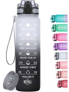 Motivational Water Bottle With Time Marker And Fruit Strainer, Leak-Proof, With Carrying Strap, Perfect For Fitness, Gym And Sports - 灰黑 - 查看 10