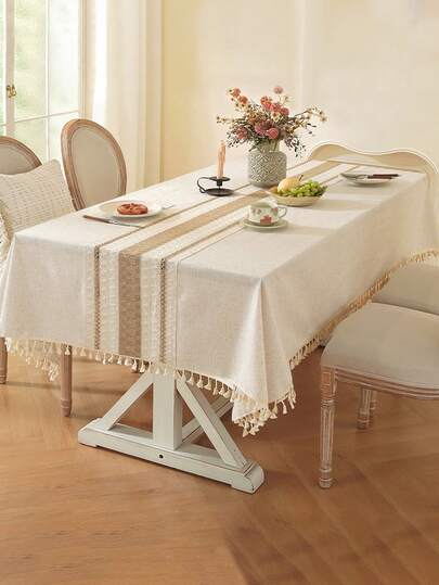 1pc Vintage American Style Simple Solid Color Linen Tablecloth With Tassels, Kitchen Decor Table Cloth, Striped Table Runner, Rectangular For TV Cabinet, Outdoor Wedding, Solid Color Photo Backdrop, Daily, Festival, Birthday Party, Dining Table Decoration, All Season