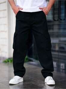 1pc Men Solid Color Multi-Pocket Casual Cargo Pants, Summer Beach Vacation Pants, Loose Fit Sportswear For Outdoor, Running, Hiking, Fitness, Loose Straight Leg Casual Pants For Daily Wear, Summer Street Fashion, Fall - màu đen - Xem 2