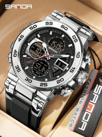 SANDA. SANDA 6312 New Steel Strip Sports Watch Dual Display Dual Movement 5ATM Waterproof Multi Functional Men's Electronic Watch