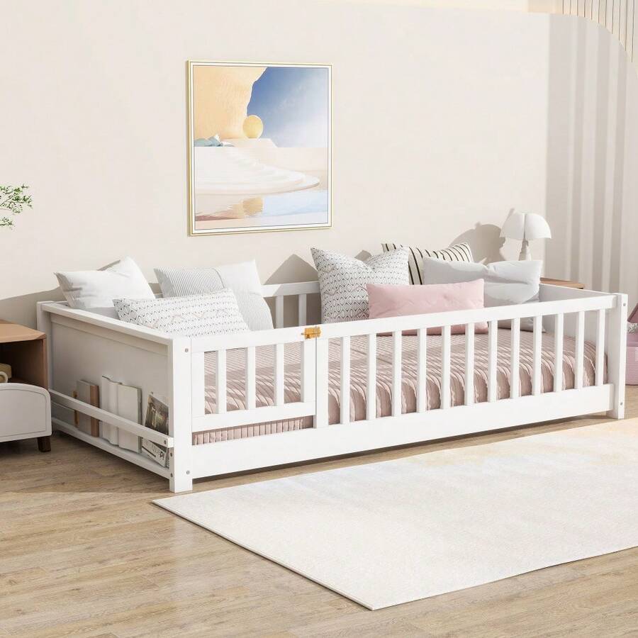 Twin Size Kids Montessori Floor Bed,Twin Floor Bed Frame With Slats And Bookcase,Solid Wood Montessori Bed For Girls Boys - Trắng + Gỗ Cao Su + Đôi-1 - Xem 1