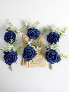 6pcs/1pc Princess Rose Flower With White Baby's Breath And Faux Green Plants, Romantic Boutonniere For Weddings, Parties, Daily Wear Valentine's Day Accessories - Navy Blue - View 5