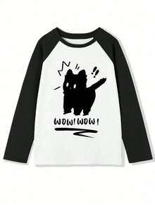 女式黑猫印花长袖T恤，休闲宽松圆领上衣，适合春秋季 - 白色 - 查看 2