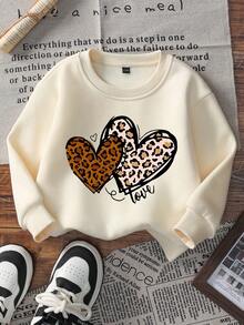 3件套女婴休闲印花圆领套头衫，秋冬款 - 可爱的连帽衫为每个孩子带来欢乐和幸福！豹纹和心形印花 - 杏色 - 查看 2