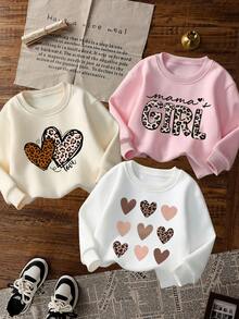 3件套女婴休闲印花圆领套头衫，秋冬款 - 可爱的连帽衫为每个孩子带来欢乐和幸福！豹纹和心形印花 - 杏色 - 查看 5