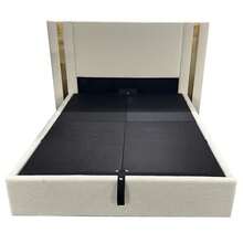 Premium Linen Queen/King Platform Bed Frame With Wide Gold-Accent Headboard, Hydraulic Lift Storage, Solid Platform Base, Noise-Free Support, No Box Spring Needed, Tool-Free Assembly, White/Mink | Bedroom Furniture Guest Room Decor - trắng - Xem 12