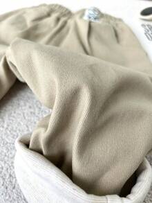 Young Boy Double-Layer Washed Cotton Casual Pants, Elastic Waist Solid Color Design, Simple & Elegant, Suitable For Autumn/Winter, Daily Wear And Outdoor Activities - Khaki - View 6