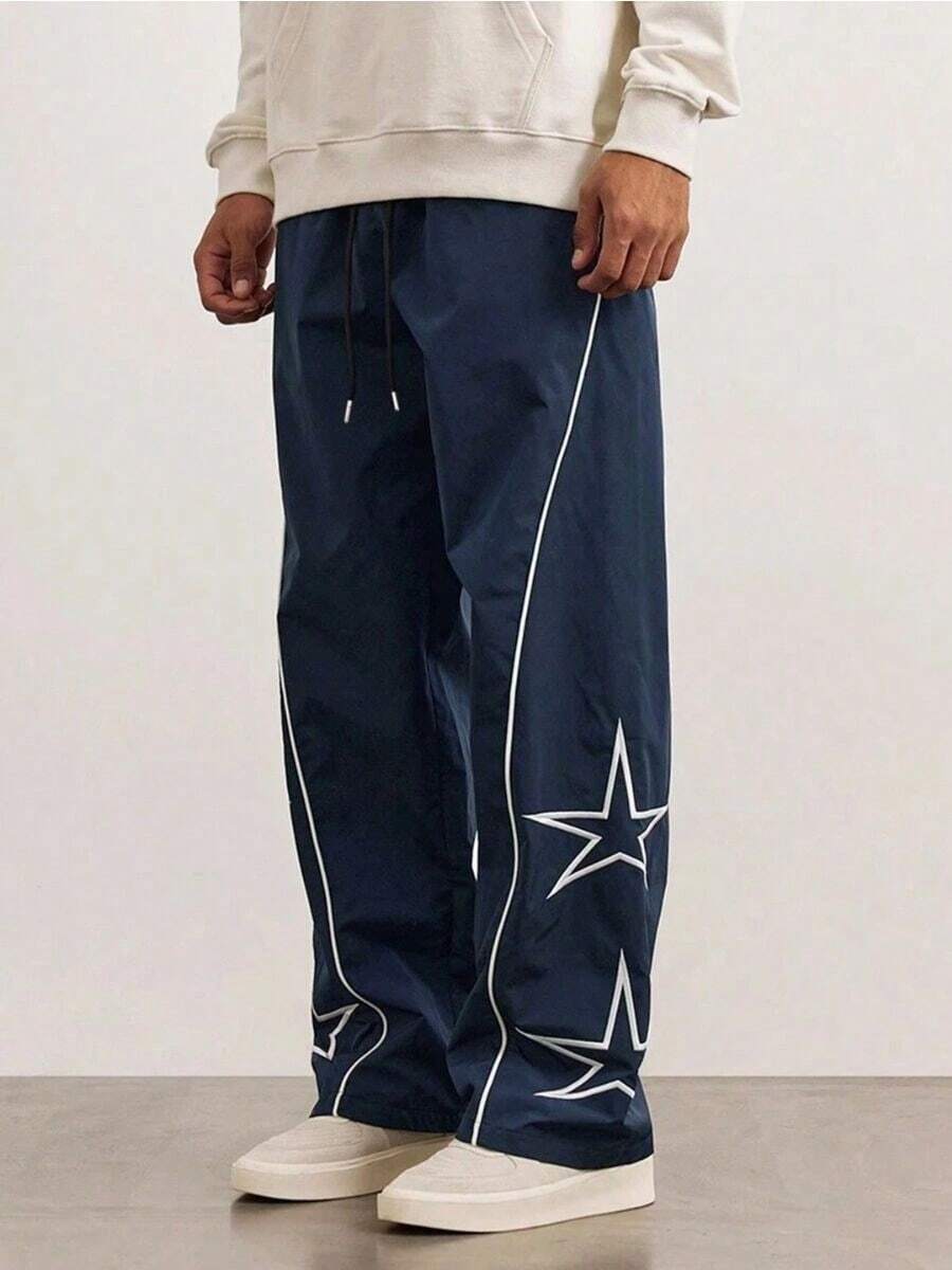 Pantalones de corte holgado para hombre Bordado de estrellas a rayas laterales Estilo americano vintage - Azul - Ver 1