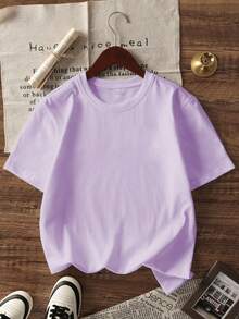 1 Set Casual Printed Crew Neck Short Sleeve T-Shirt, Suitable For Young Girls To Wear In Summer - Suitable Summer Top For Young Adventure-Loving Travelers, Teen Clothing, Graphic Tee, Girls Summer Outfit - Purple - View 1