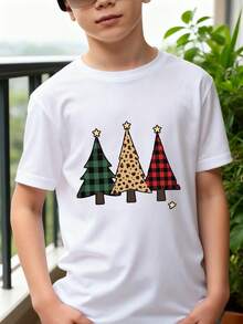 Playeras de niño Árboles de Navidad con estampado de cuadros y leopardo sudaderas de niño camisas para niño Camiseta de Halloween para niñas Camisetas navideñas Camisetas de niña Regalos navideños Camisetas para niños y niñas La tela es suave, transpirable y cómoda, hecha de puro - Blanco - Ver 1