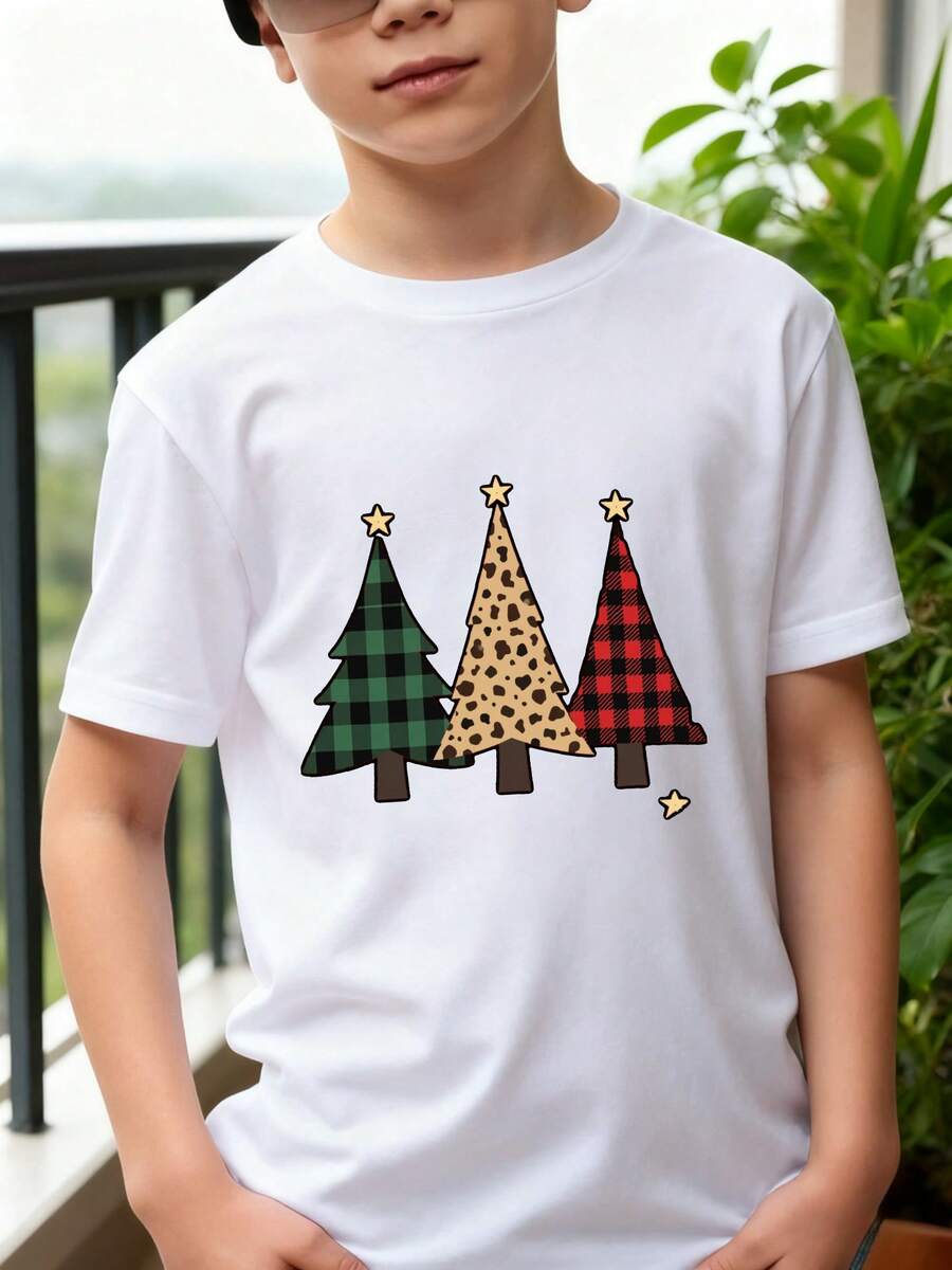 Playeras de niño Árboles de Navidad con estampado de cuadros y leopardo sudaderas de niño camisas para niño Camiseta de Halloween para niñas Camisetas navideñas Camisetas de niña Regalos navideños Camisetas para niños y niñas La tela es suave, transpirable y cómoda, hecha de puro - Blanco - Ver 1
