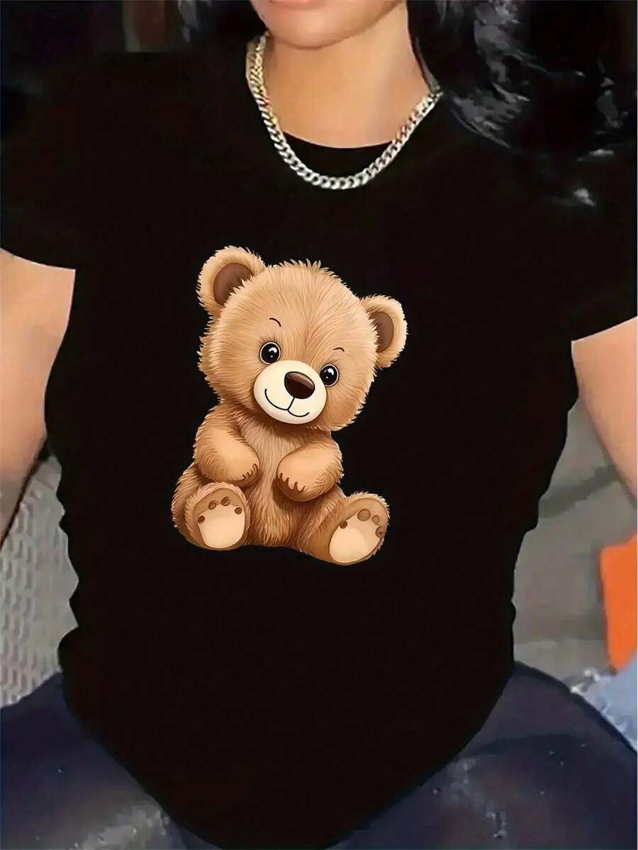 Women's Soft Polyester Teddy Bear Print T-Shirt - Cute Plush-Like Texture Short Sleeve Blouse, Round Neck Casual Comfort Fit, Machine Washable All-Season Top For Home & Lounge Wear, Ideal Gift For Adults (Black) - Cozy & Durable, Charming Bear Design, Relaxed Fit, Suitable For Living Room Or Dining, Stylish & Practical Women's Fashion, Smooth Fabric, No Bulk, Year-Round Wear-Breathable Cotton Casual T-Shirt For Women - Gentle On Skin Daily Pick - 黑色 - 查看 1