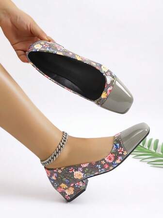 Handgjorda lågklackade damskor, supermjuka skor med lackskinn och tryck, slip-on-skor som passar till klänningar, tröttnar inte, året runt