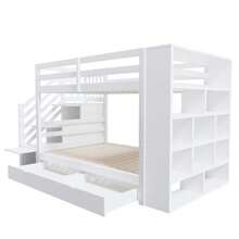 Etagenbett 90 x 200 cm, Sicherheitsleiter mit Staufächern, Stauschubladen und großen Schließfächern, hohe Zaunkonstruktion, Lattenrost, Kiefernbett, Kinderbett, Jugendbett, weiß