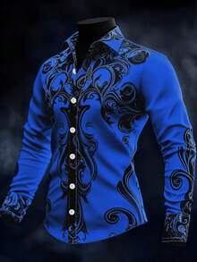 Áo sơ mi nam dài tay in họa tiết hình học cổ điển, kiểu dáng thường ngày, ôm sát, phong cách Gothic, phù hợp cho kỳ nghỉ, dạo phố, mùa xuân và mùa thu. - Màu xanh lam - Xem 2