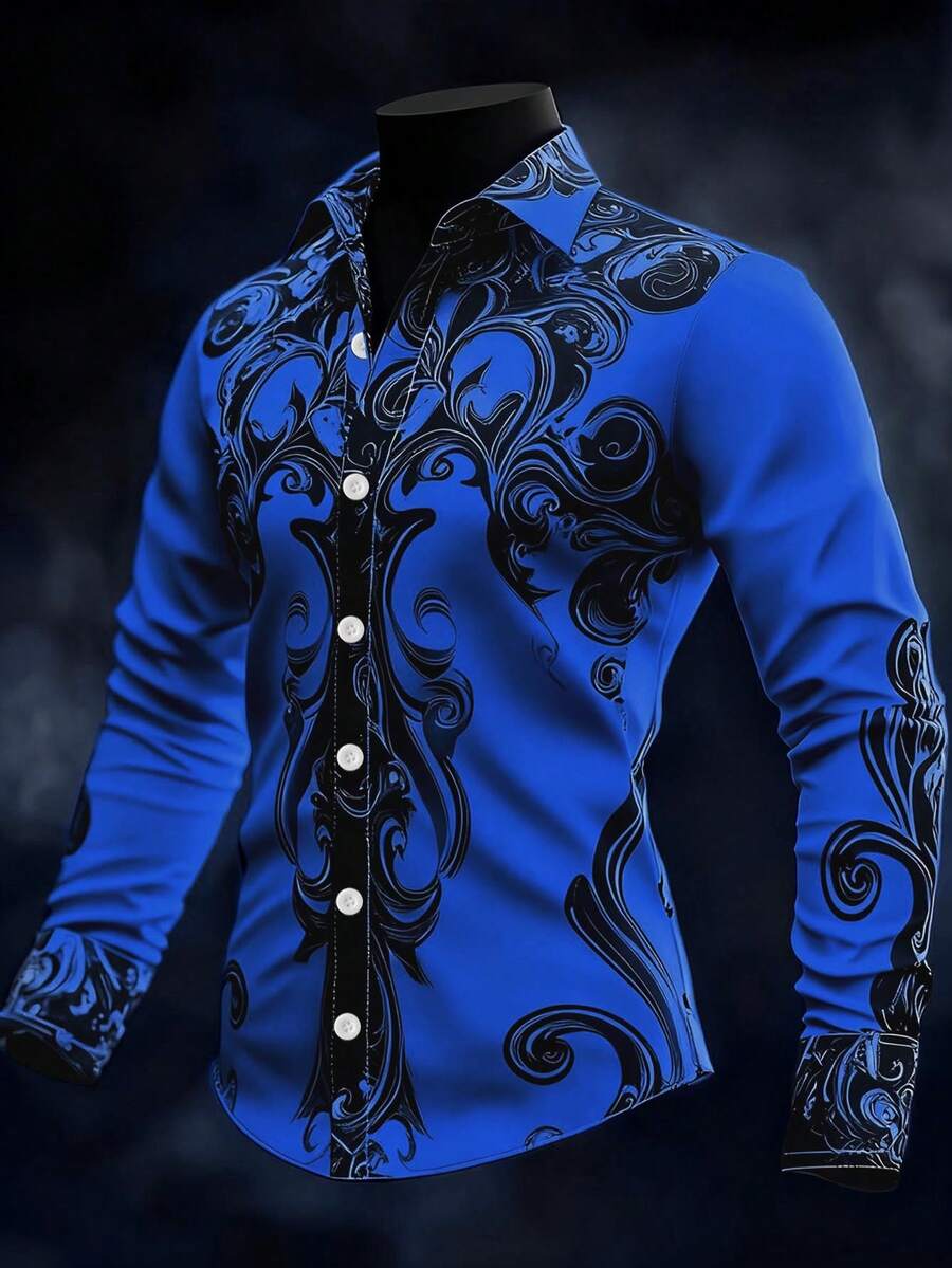 Áo sơ mi nam dài tay in họa tiết hình học cổ điển, kiểu dáng thường ngày, ôm sát, phong cách Gothic, phù hợp cho kỳ nghỉ, dạo phố, mùa xuân và mùa thu.