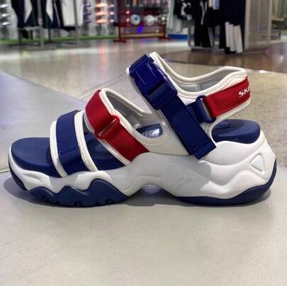 Skechers Women's Casual Comfortable Versatile Hook And Loop Platform White-Navy Blue Sandals, Suitable For Beach Wear