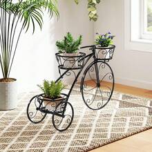 Plant Shelf In Bicycle Motif, Flower Shelf With 3 Levels, Metal Flower Stand, With Handle, Free Standing, For Indoor And Outdoor Use, For Garden, Balcony And Terrace, Black - 黑色 - 查看 3