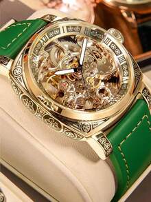 1 件 男士 绿色 皮带 商务风格 夜光 雕花 镂空 自动 机械 指针式 手表 - 綠色 - 查看 8