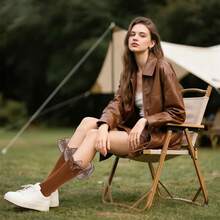 Women Big Ruffle Ankle Socks Adult Double Lace Frilly Socks Fold Cuff Cotton Ruffled Dress Crew Bobby Bride Sock - màu nâu - Xem 5