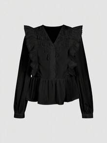 ii Casual Solid Color Lace Patchwork Ruffle Trim Long Sleeve Blouse