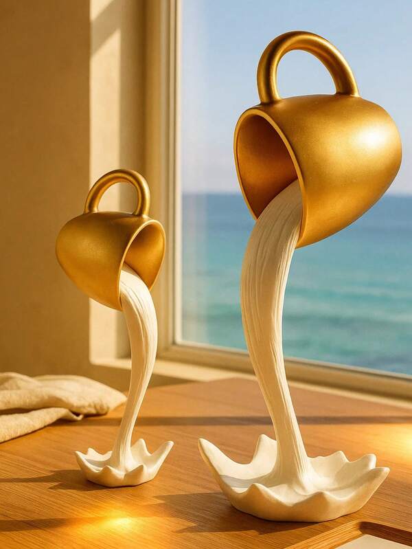 1pc Floating Pouring Cup Table Ornament, Gold & White, Room & Home Decor, Small Or Large, Birthday Gifts