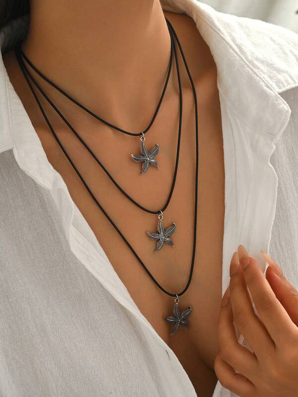 1pc Fashionable Vintage Leaf, Tree Of Life, Starfish, Owl Multilayer Necklace For Women, Suitable For Daily Wear