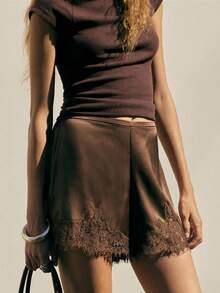 Women Pettipants  Shorts Lace Trim Satin Silk Bloomers Bottoms Elastic Waist Lace  Shorts - 棕色 - 查看 6