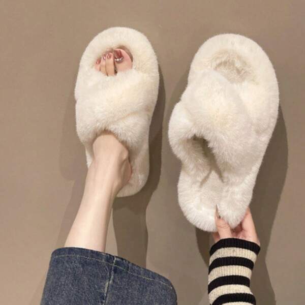 1 Pair Women's Fashion Thick Sole Fluffy Thermal Slippers, Soft Upper, Durable Sole, Versatile Style, Suitable For Indoor And Outdoor Wear, Spring/Autumn