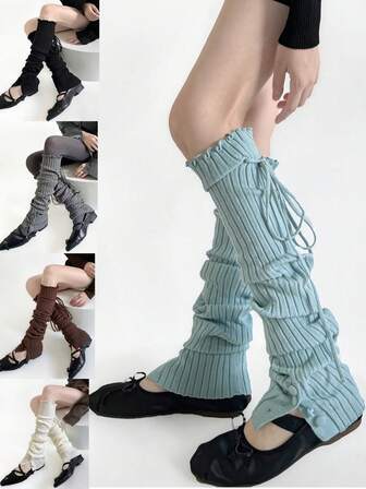 1 Pair Women's Autumn/Winter Design Button Decor Tie-Up Yoga Over-The-Knee Versatile Slimming Vertical Stripe Leg Warmers