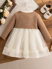 Spring/Autumn Baby Girls Elegant Long Sleeve Mesh Patchwork Princess Dress, Bow Decor, Birthday Party Wedding Occasion - Khaki - View 2