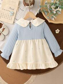 女宝宝甜美碎花领蝴蝶结长袖拼布公主裙，适合春秋季