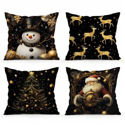4 Stück Weihnachts-/Winterdeko Kissenbezüge mit Schneemann & Rentier Motiv, 45*45cm
