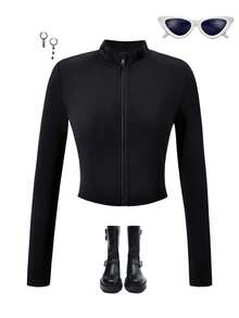 Black Polyester Stand Collar Jacket, Suitable For Teenage Girls, Regular Long Sleeve Black Zip-Up Jacket - Black - View 3
