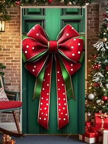 1pc Polyester Christmas Door Cover Bow Decoration - No Electricity Needed, Large Holiday Door Banner, Winter Xmas Gift Box Design, Festive Door Hanging Sign For Home Decor (35.43inch X 70.87inch)