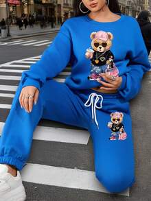 Women's Round Neck Bear Print Sweatshirt And Matching Drawstring Waist Pants Two Pieces Casual Outfit - Blue - View 2