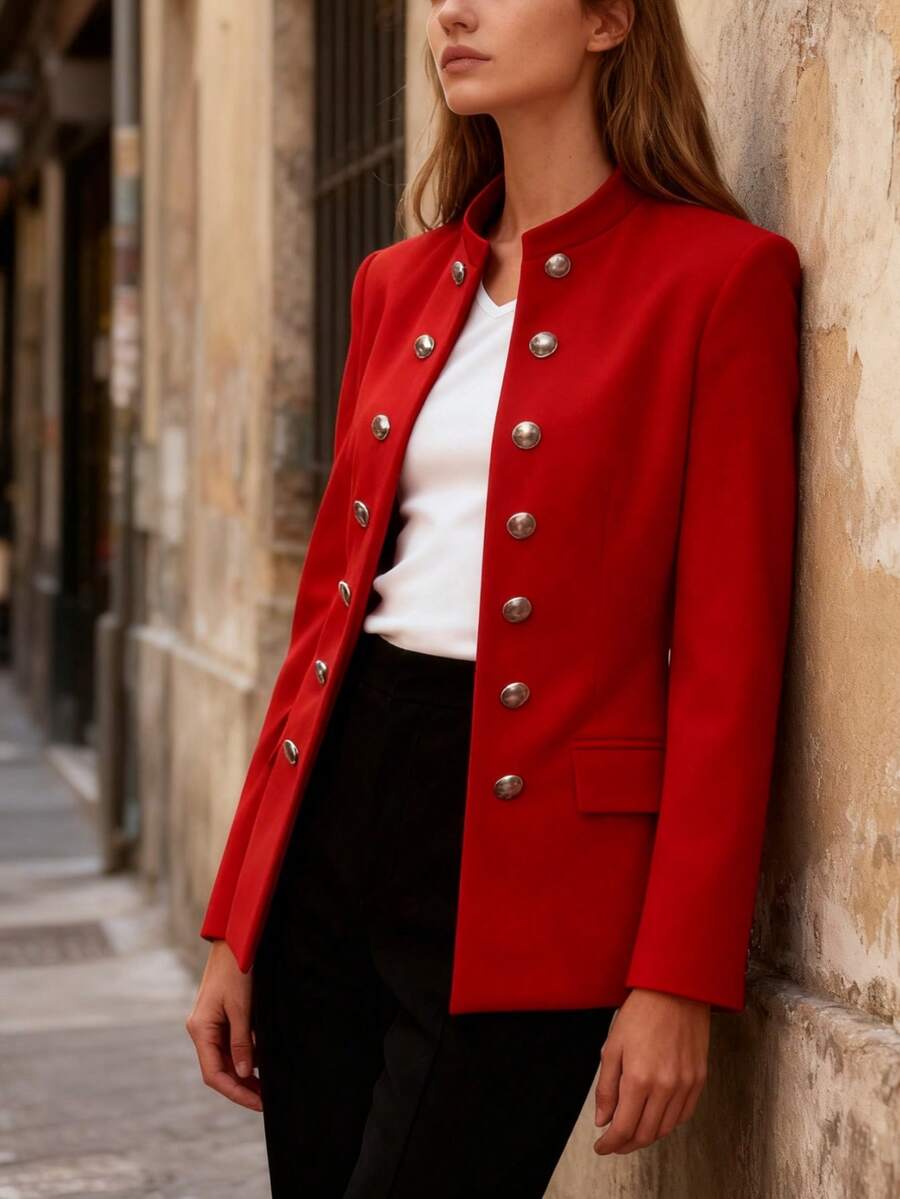 Metal Double-Breasted Stand Collar Suit! Premium Fit, Slimming And Suitable For All Body Types, Super Easy For Daily Matching,Elegant Double-Breasted Blazer For Women - Casual Work Jacket For Women. This Stylish Long-Sleeved Jacket In Black Polyester With Flap Pockets Is Perfect For The Office Or A Casual Chic Look. Work Jackets | Double-Breasted Jackets | Polyester Blazer - 紅色 - 查看 1