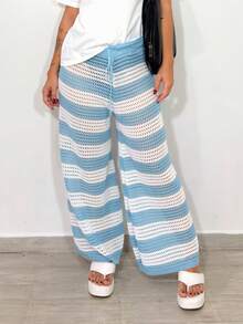 Striped Knit Pantaloons Beach Cover-Up Pants With Ties, Summer Fashion - 藍色 - 查看 4