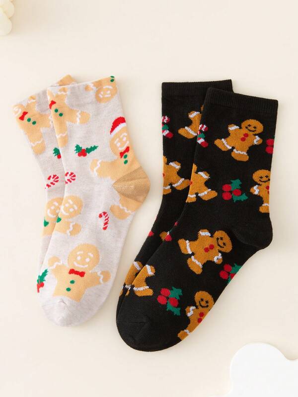 2 Paar Weihnachtssocken für Frauen/Männer/Paar/Mädchen, geruchsresistent, feuchtigkeitsableitend, weich & hautfreundlich, Crew-Socken mit niedlichen Weihnachtsmann- und Lebkuchenmann-Mustern, geeignet als Weihnachtsgeschenke, für Zuhause, Schlaf, Outdoor-Sport, Feierlichkeiten und den täglichen Gebrauch im Herbst/Winter