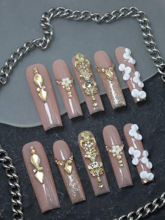 CrystalHola Christmas Nails 10 Pcs Handmade Fake Nails Press On Nails Long Coffin Nails Pink Nails Acrylic Nail Kit Rhinestone Glitter Holiday Nails Y2K Charm Nails French Tip Nails Design Nail Art Suitable For Music Festival Parties And Daily Wear DIY Halloween Nail Christmas Nail New Year Nails Fall And Winter