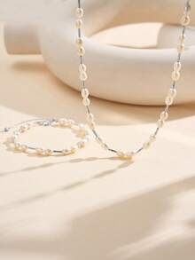 AETOLIA Handmade Elegant Pearl Jewelry Set | 5-6mm Natural Freshwater Pearl Necklace & Bracelet | S925 Silver Plated Platinum/14K Gold | Girlfriend, Holiday, Wedding, Date Accessories - Silver - View 12