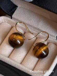 1 对复古香港风格不对称扎染人造虎眼石设计优雅小众奢华铜圈耳环，适合宴会、日常佩戴、秋冬 - 棕色 - 查看 7