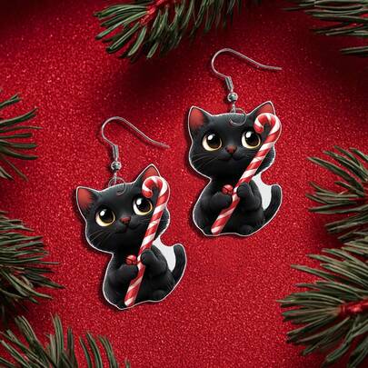 1 Pair Cute Cartoon 2D Black Cat Earrings, Suitable For Christmas Wear