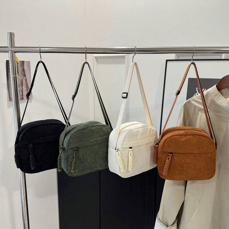 1 pieza Bolso de hombro de moda informal de niña joven de pana con cierre de cremallera, adecuado para uso diario - Bolso de pana - Añade 1