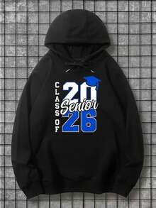 Men's Class Of 2026 Graduation Hooded Sweatshirt - Black With Blue Lettering & Number 26 Design, Comfortable Cotton Hoodie With Pockets, Senior Year Gift For Graduates, Casual Long Sleeve Pullover For Prom, Graduation Party & Casual Attire,Fall Hoodies,Men's Fall Clothes,Street Wear,Halloween,Mens Hoodies,Y2k Clothes,Jesus Hoodie,Thanksgiving Day,Nightmare Before Christmas,Christmas - 黑色 - 查看 1