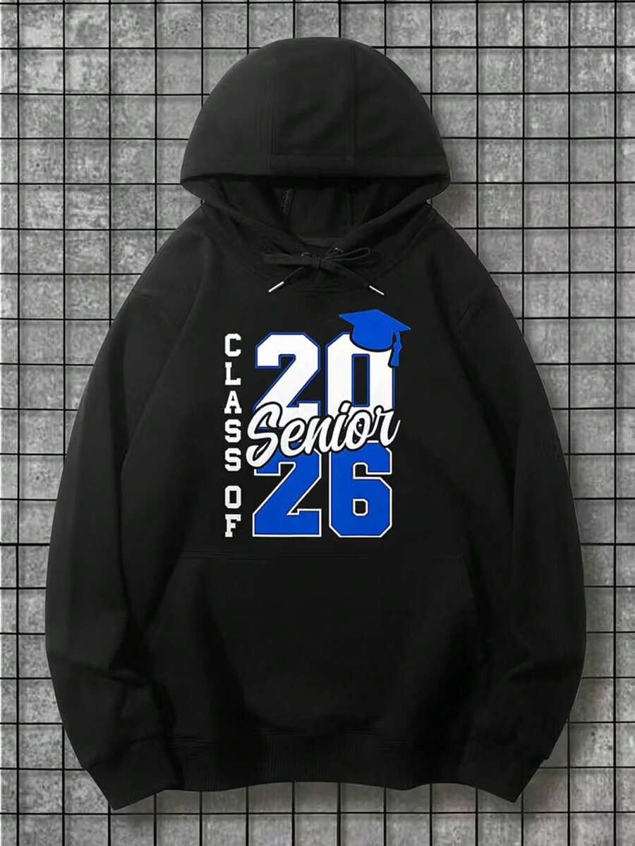 Men's Class Of 2026 Graduation Hooded Sweatshirt - Black With Blue Lettering & Number 26 Design, Comfortable Cotton Hoodie With Pockets, Senior Year Gift For Graduates, Casual Long Sleeve Pullover For Prom, Graduation Party & Casual Attire,Fall Hoodies,Men's Fall Clothes,Street Wear,Halloween,Mens Hoodies,Y2k Clothes,Jesus Hoodie,Thanksgiving Day,Nightmare Before Christmas,Christmas - 黑色 - 查看 1